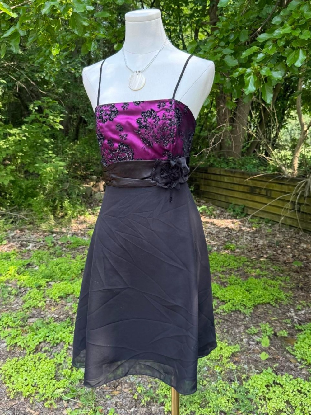 Spaghetti Strap Fuchsia and Black Floral Satin Cocktail Dress